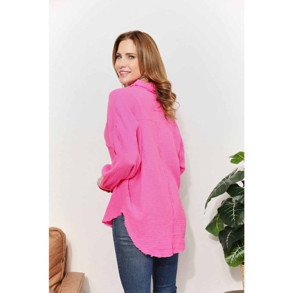 Gauze Raw Edge Button-Up Shirt Solid Long Sleeves Casual Relaxed Fit Cotton Pink - Picture 5 of 6